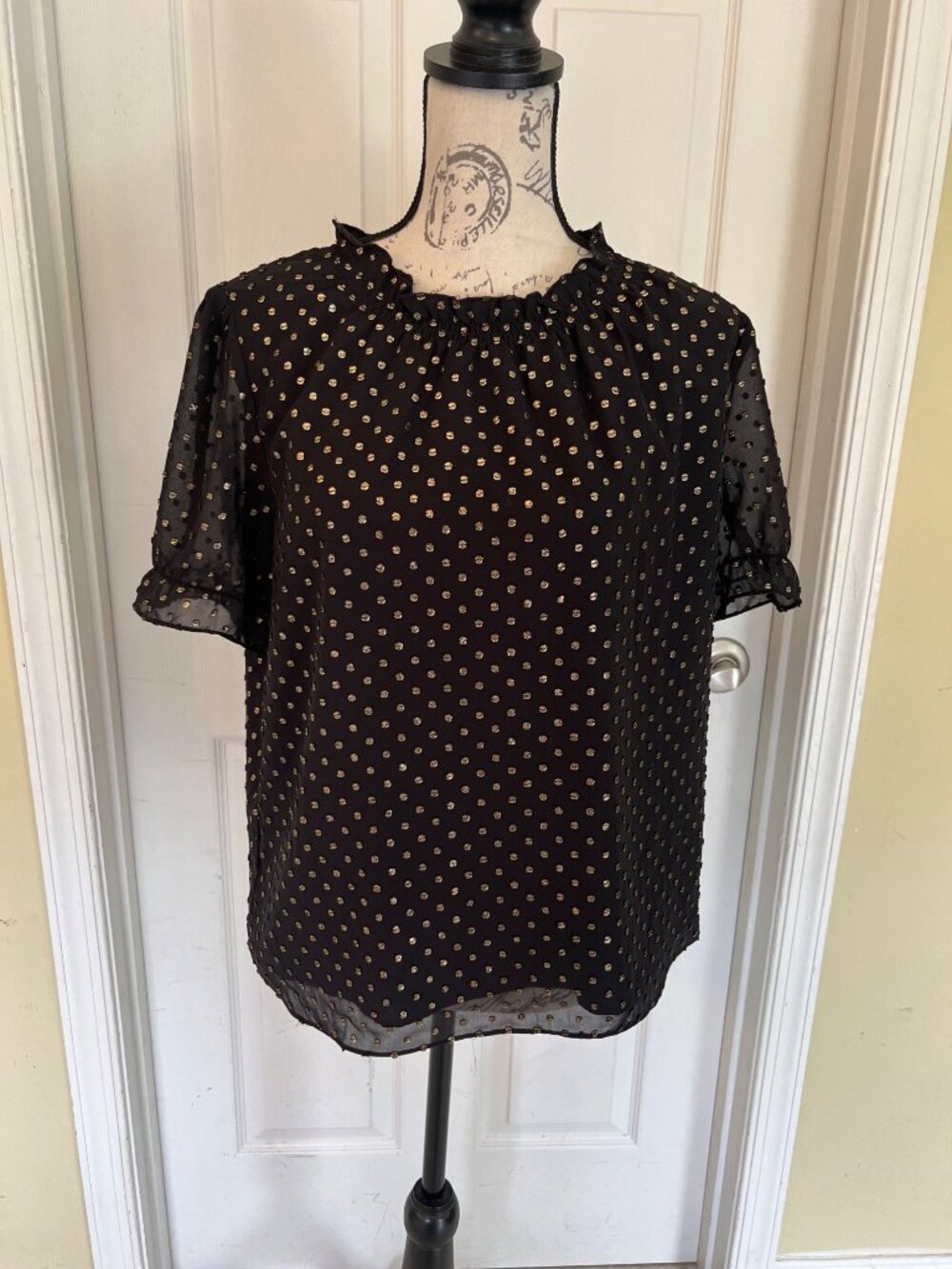 J.Crew Black Gold PolkaDot Short Sleeve Women's Blouse Holiday Career Business S - Picture 2 of 10